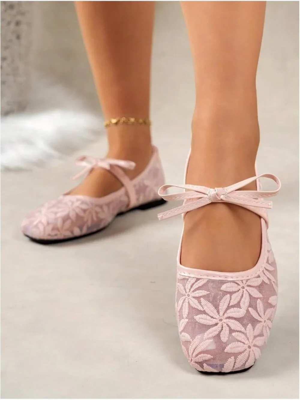 Women's Pastel Pink Mesh Ballet Flats Lace Bow Square Toe Wedding Dressy Shoes